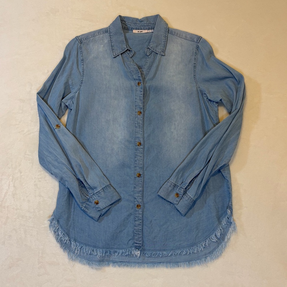 mi ami Light Blue Denim Shirt with Frayed hem Branded Neck Label